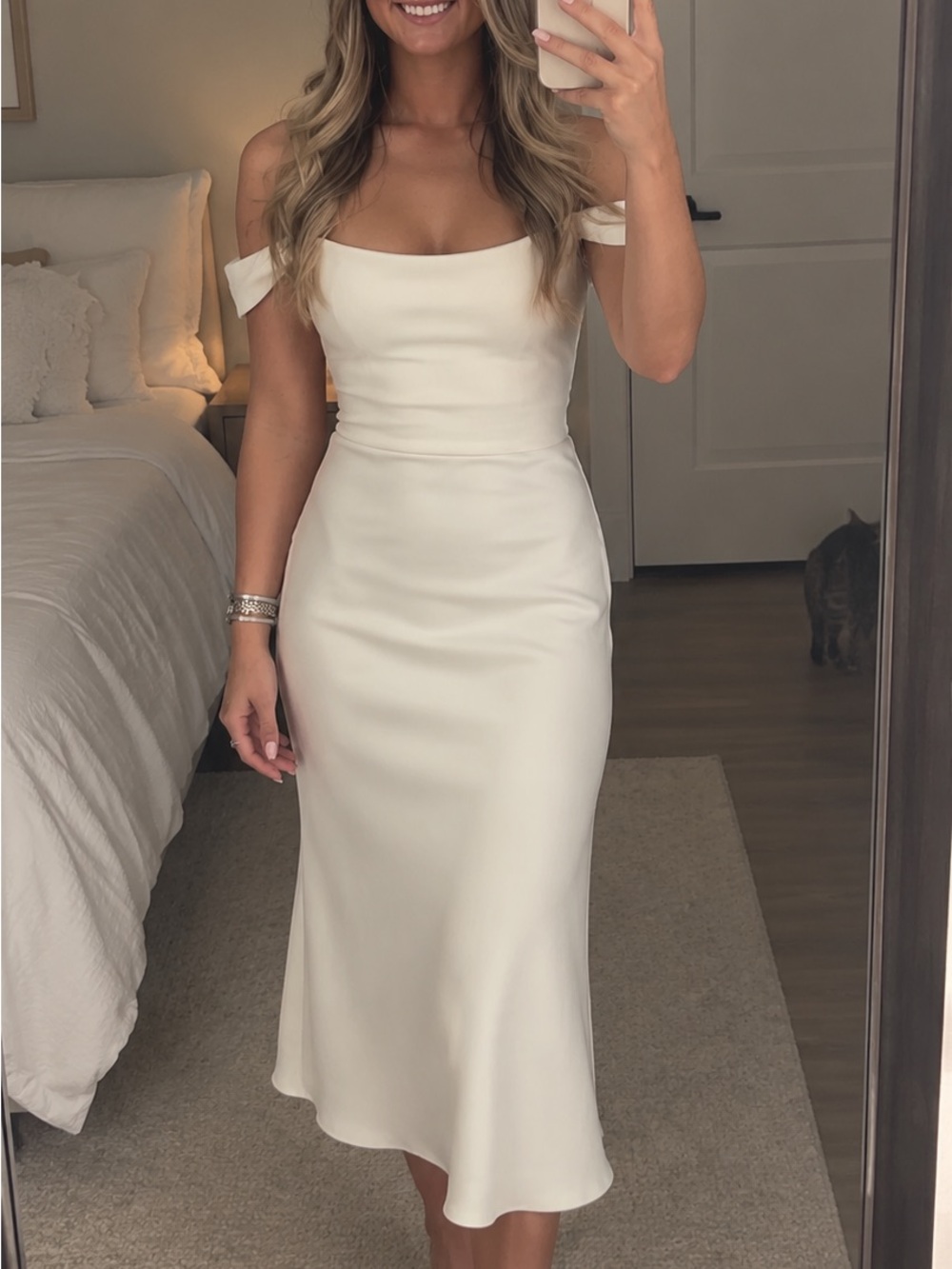 Jenny Yoo Cream Off-Shoulder Midi Dress